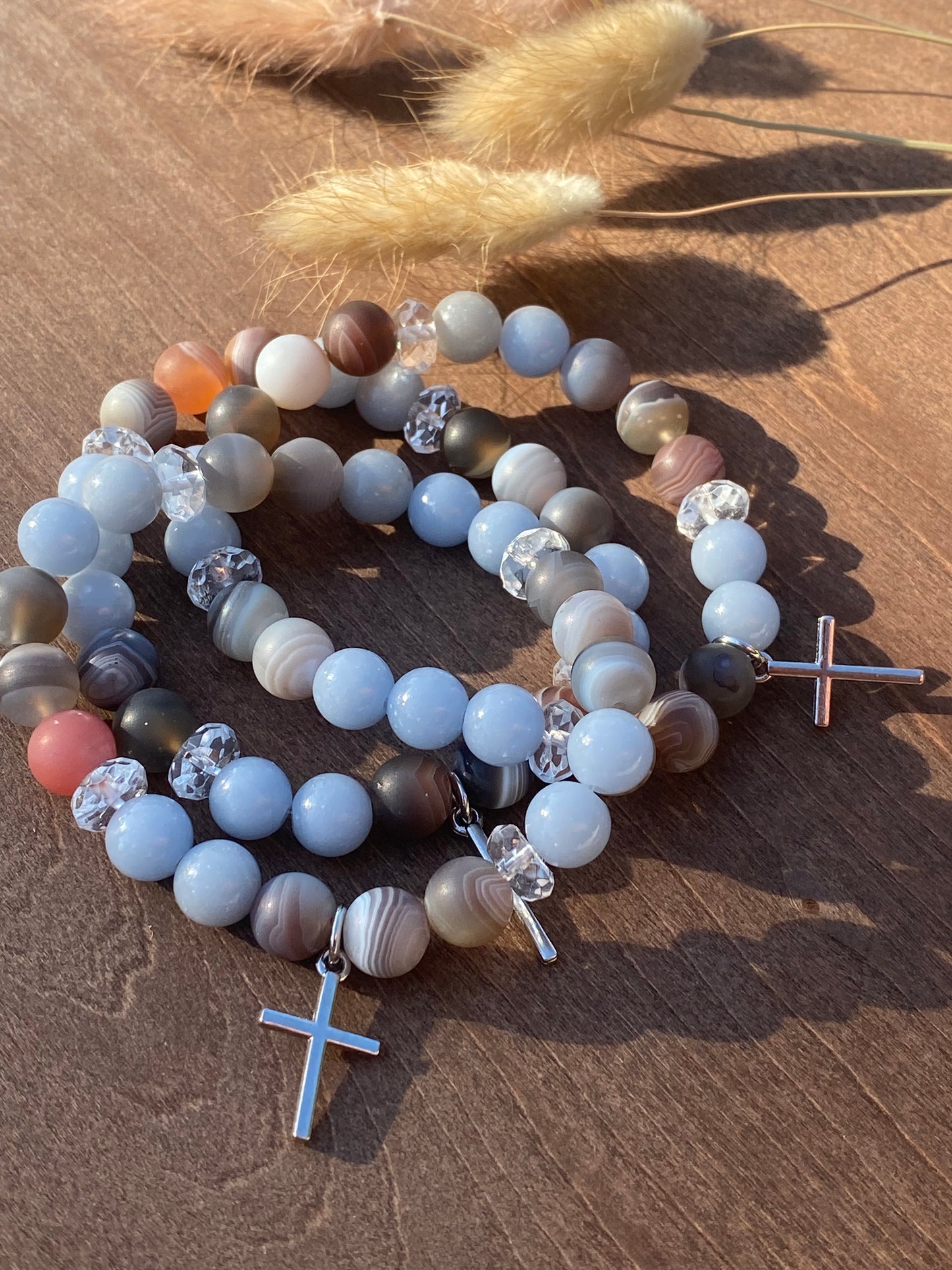 Botswana agate, Angelite, and clear quartz with silver cross