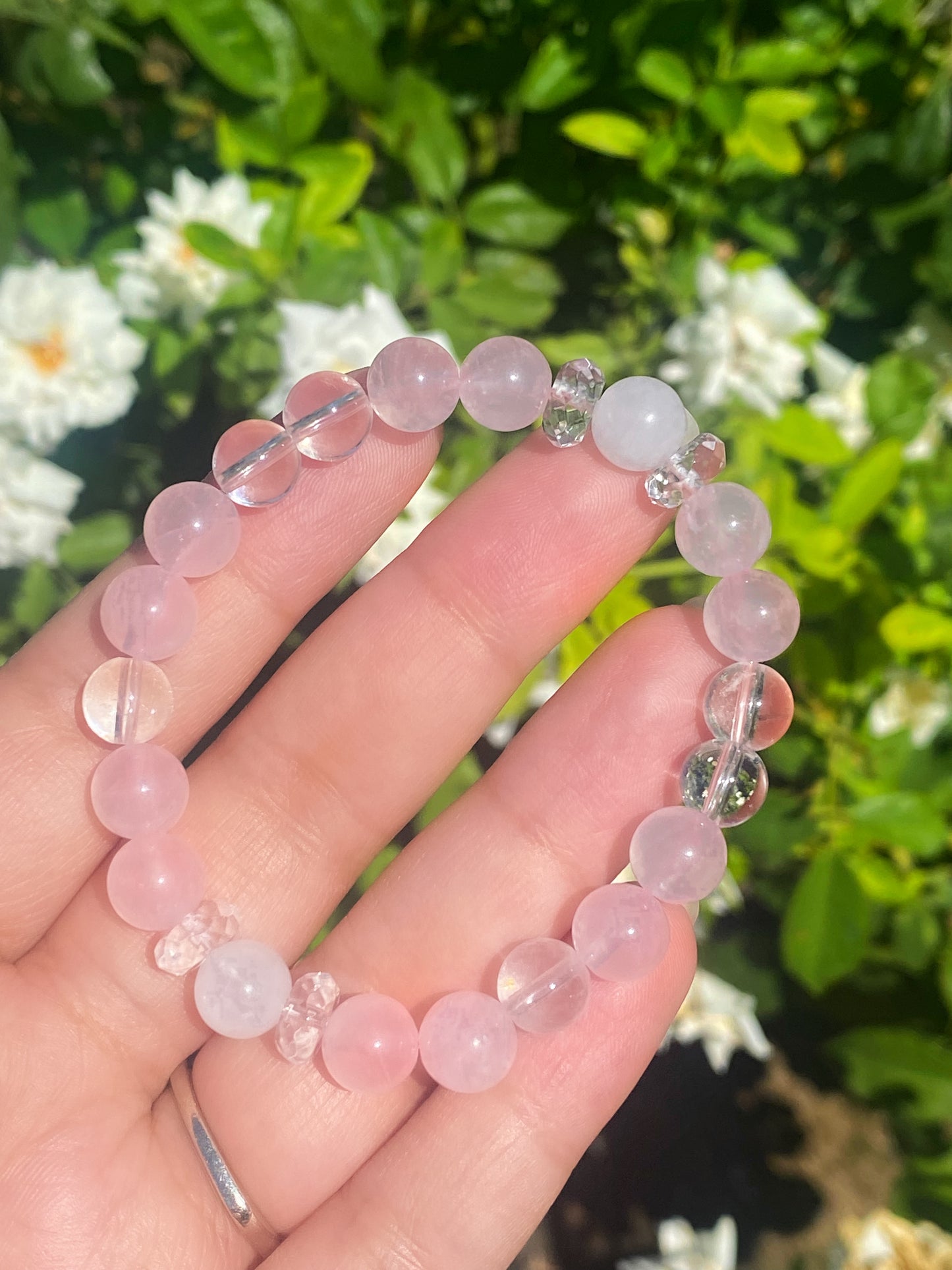 Rose quartz, clear quartz, and white jade