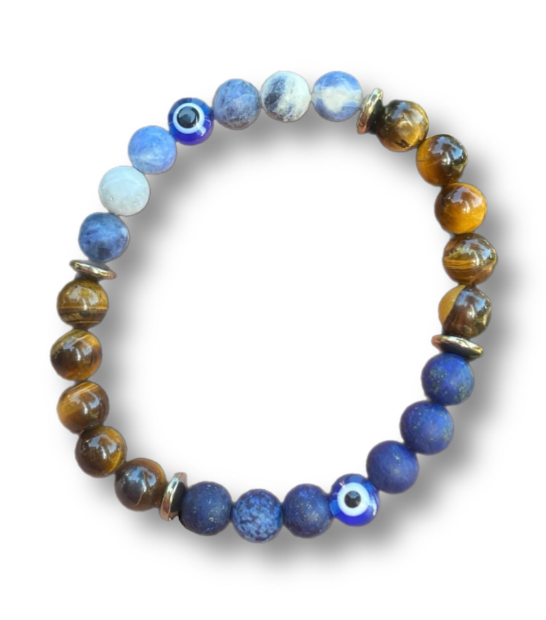 Sodalite, pyrite, tigers eye, lapis lazuli, and evil eye