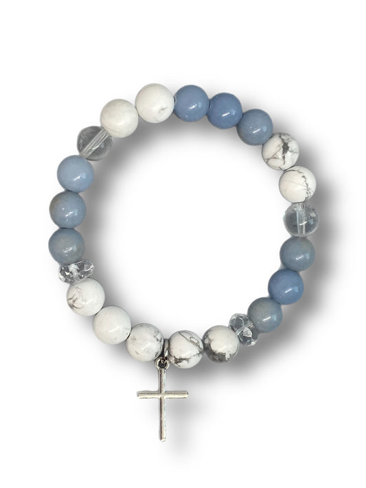 Howlite, angelite, and clear quartz with silver cross charm