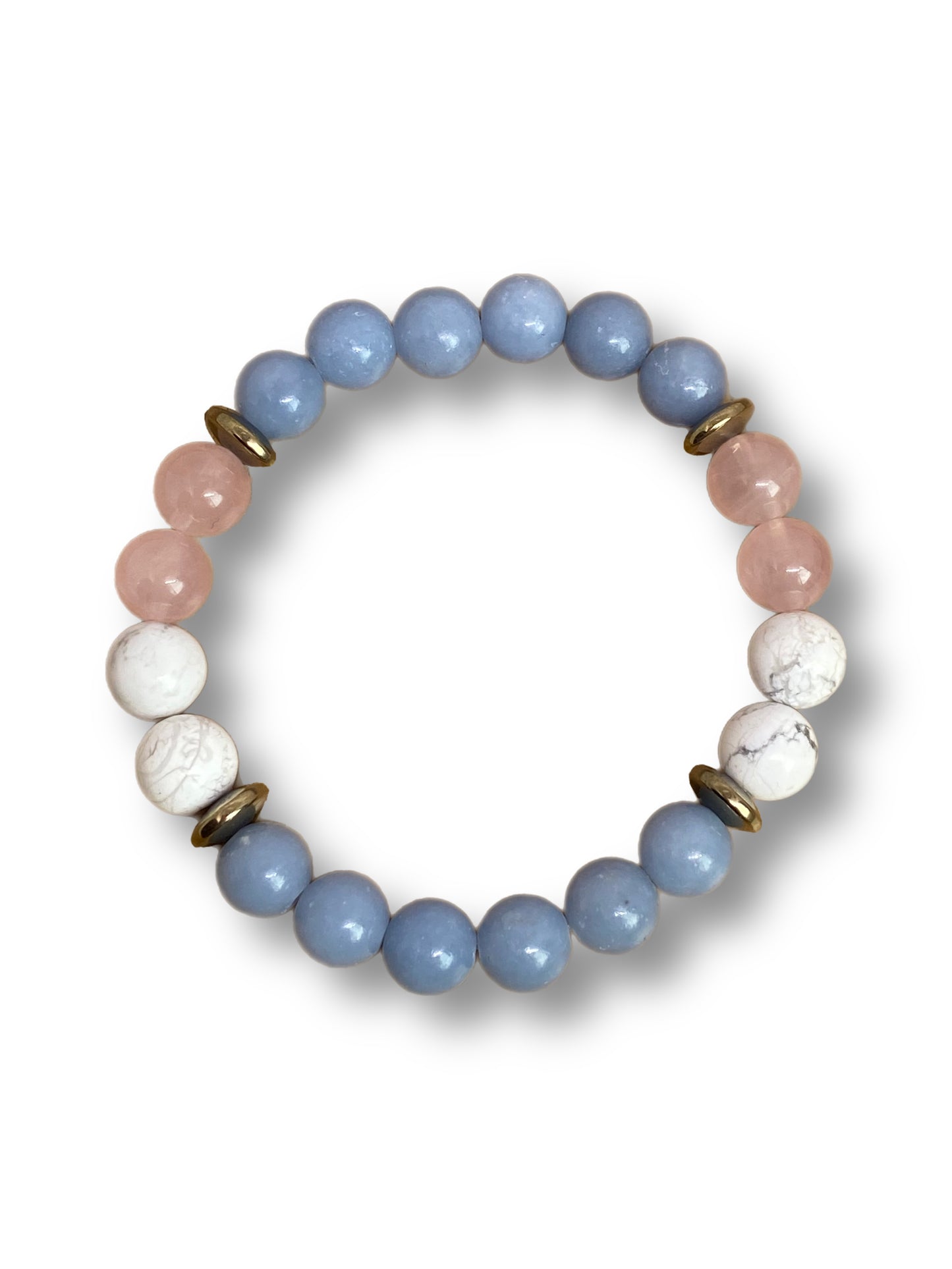 Angelite, pyrite, rose quartz, and howlite