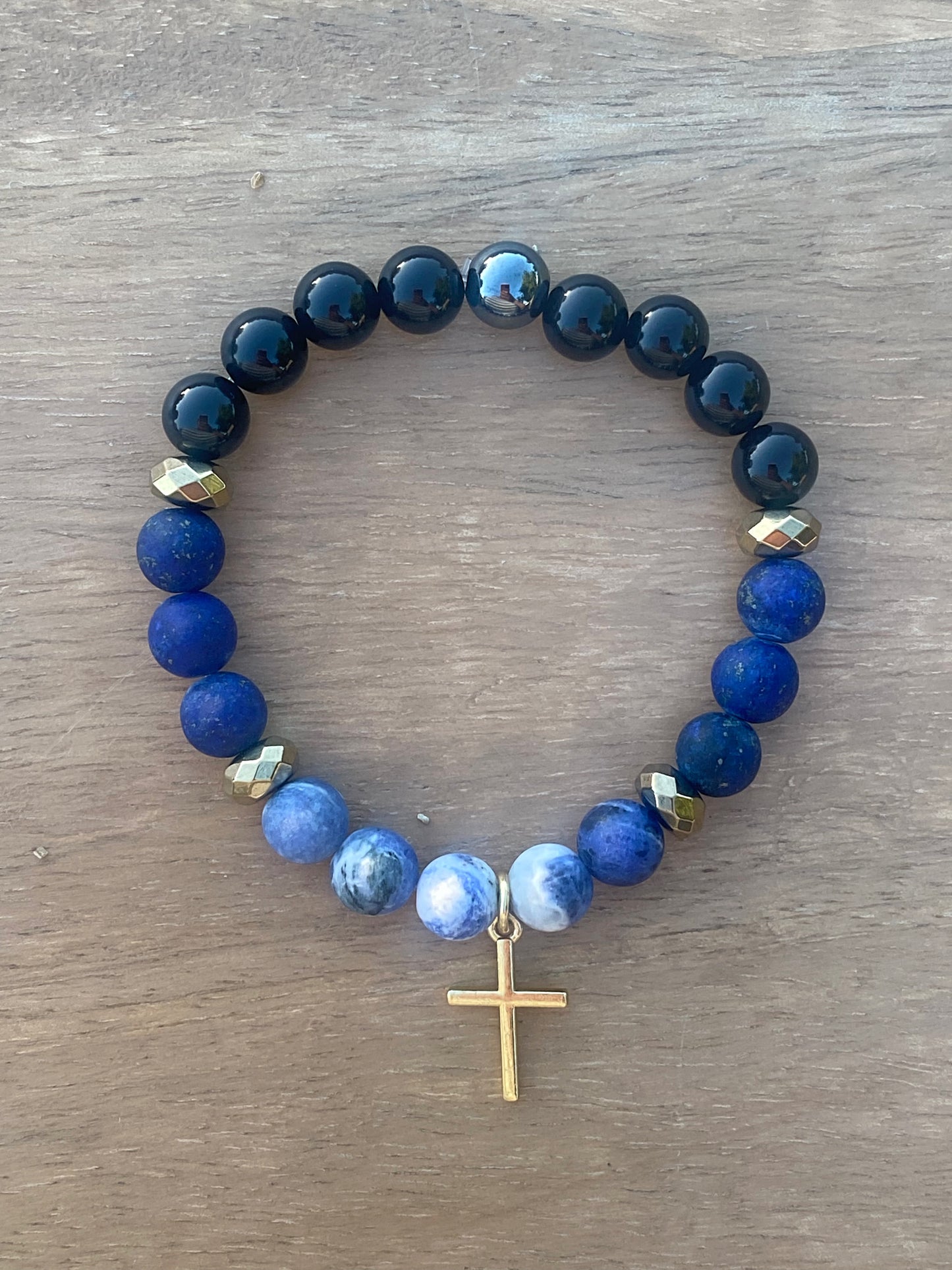 Sodalite, pyrite, lapis lazuli, black onyx, hematite with gold cross charm