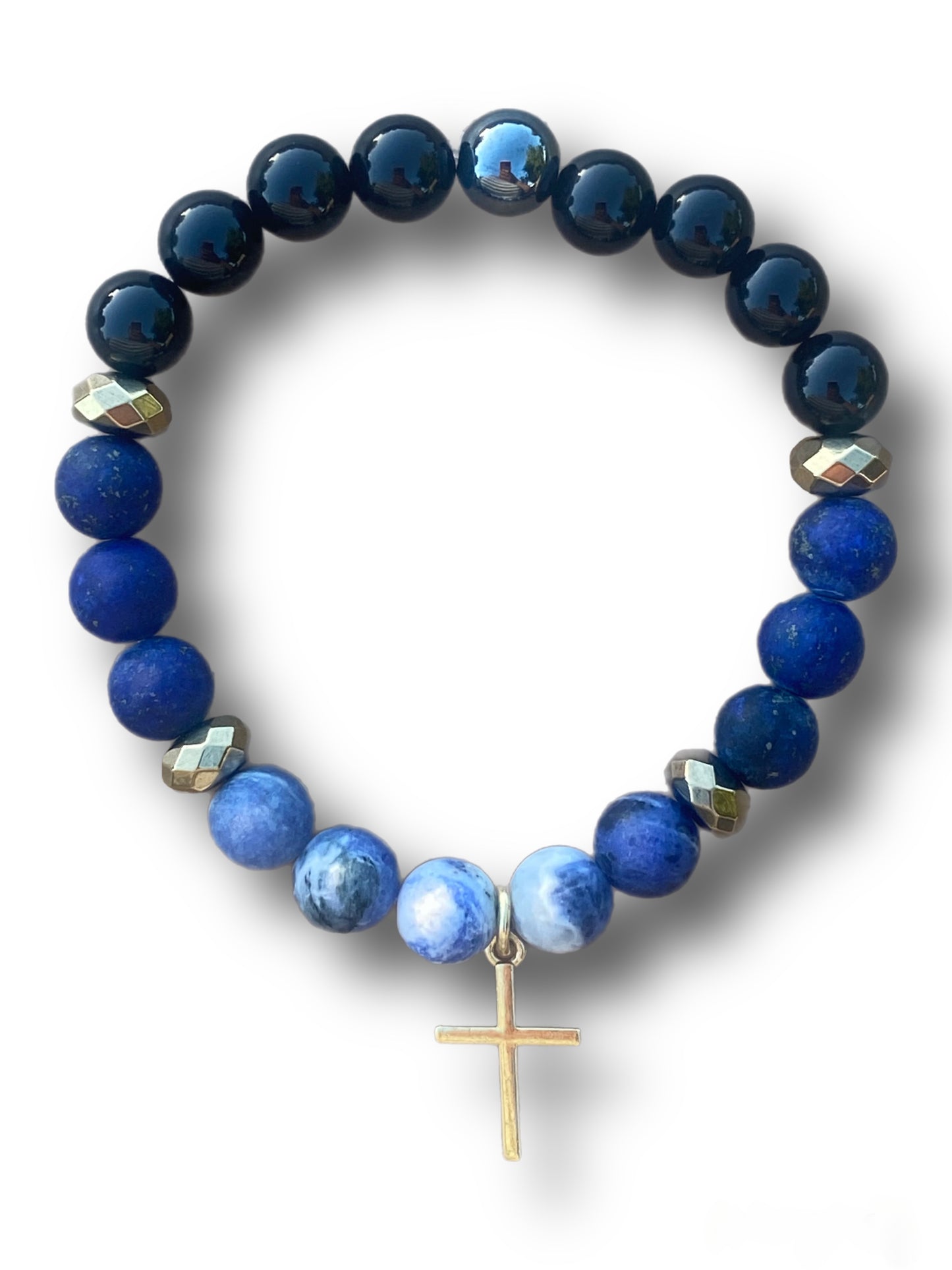 Sodalite, pyrite, lapis lazuli, black onyx, hematite with gold cross charm