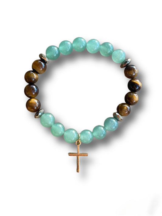 Tigers eye, green aventurine, and pyrite with gold cross