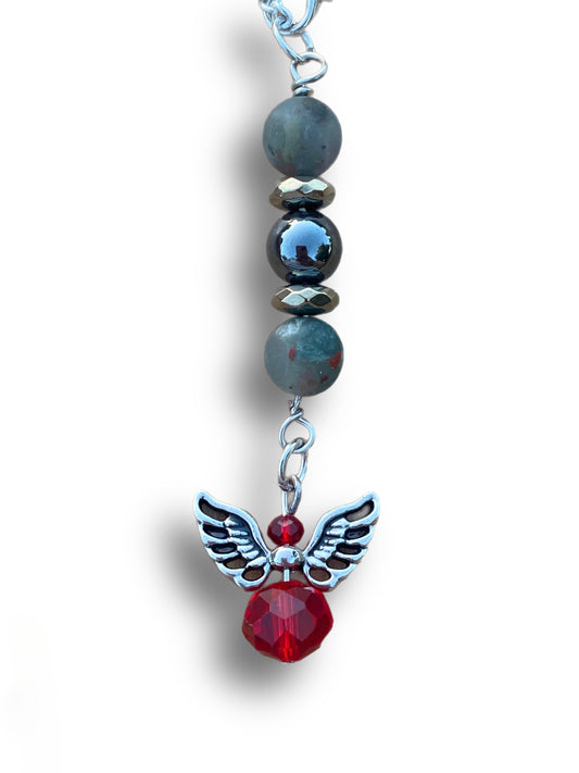 Crystal car charm with matte bloodstone, hematite, pyrite, and red angel