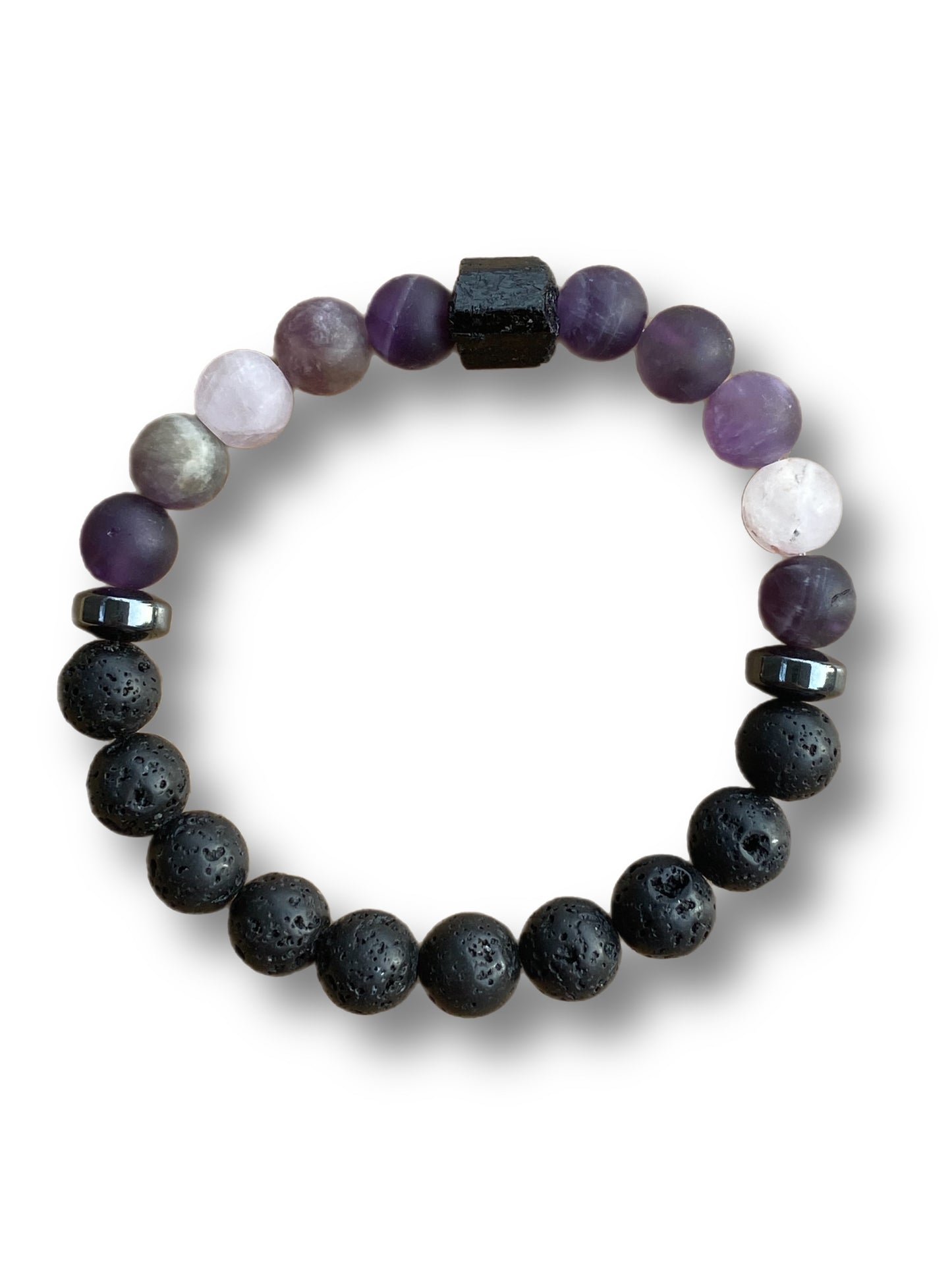 Raw black tourmaline, amethyst, lava stones, hematite