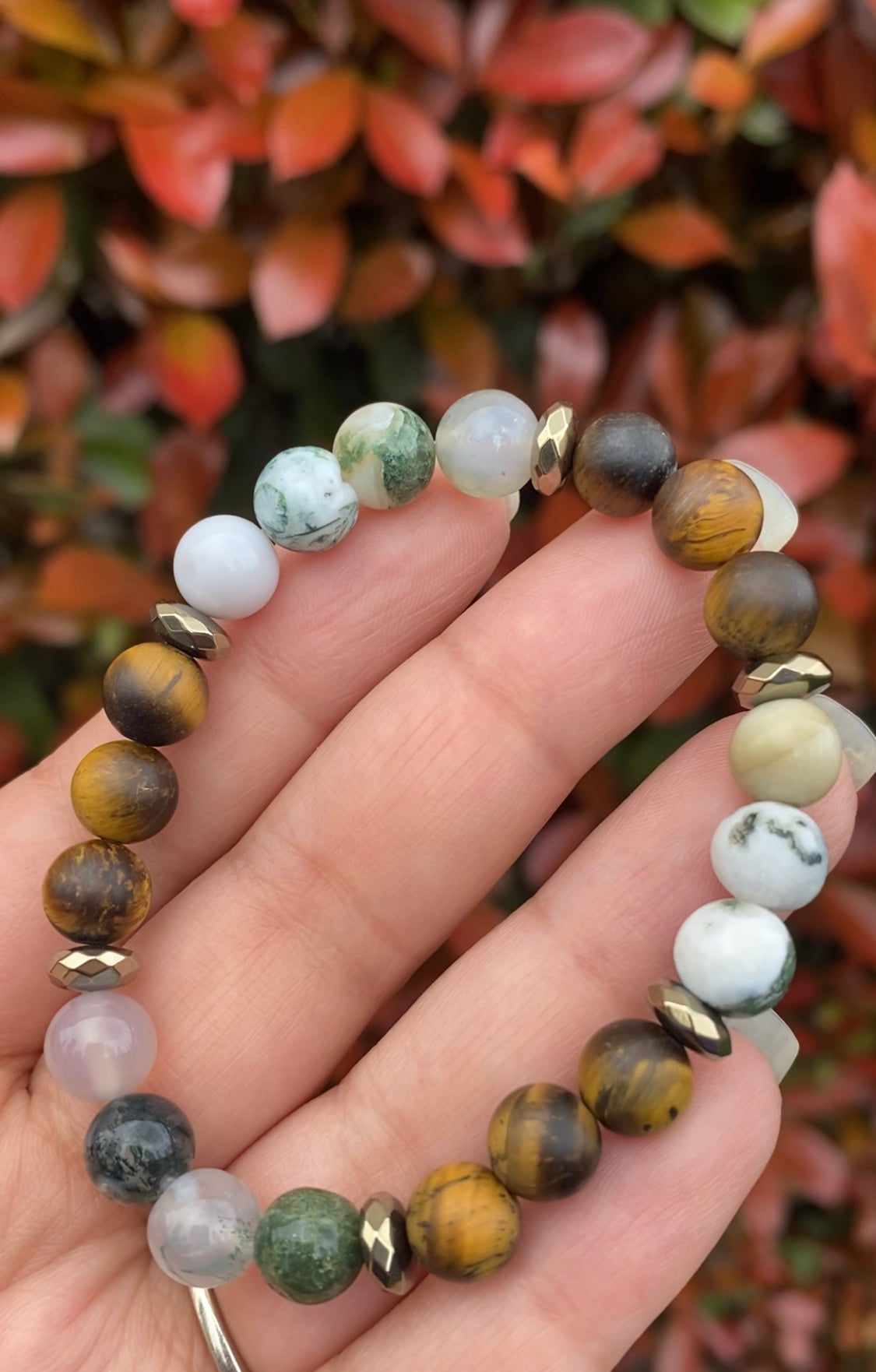 Moss agate, tigers eye, and pyrite