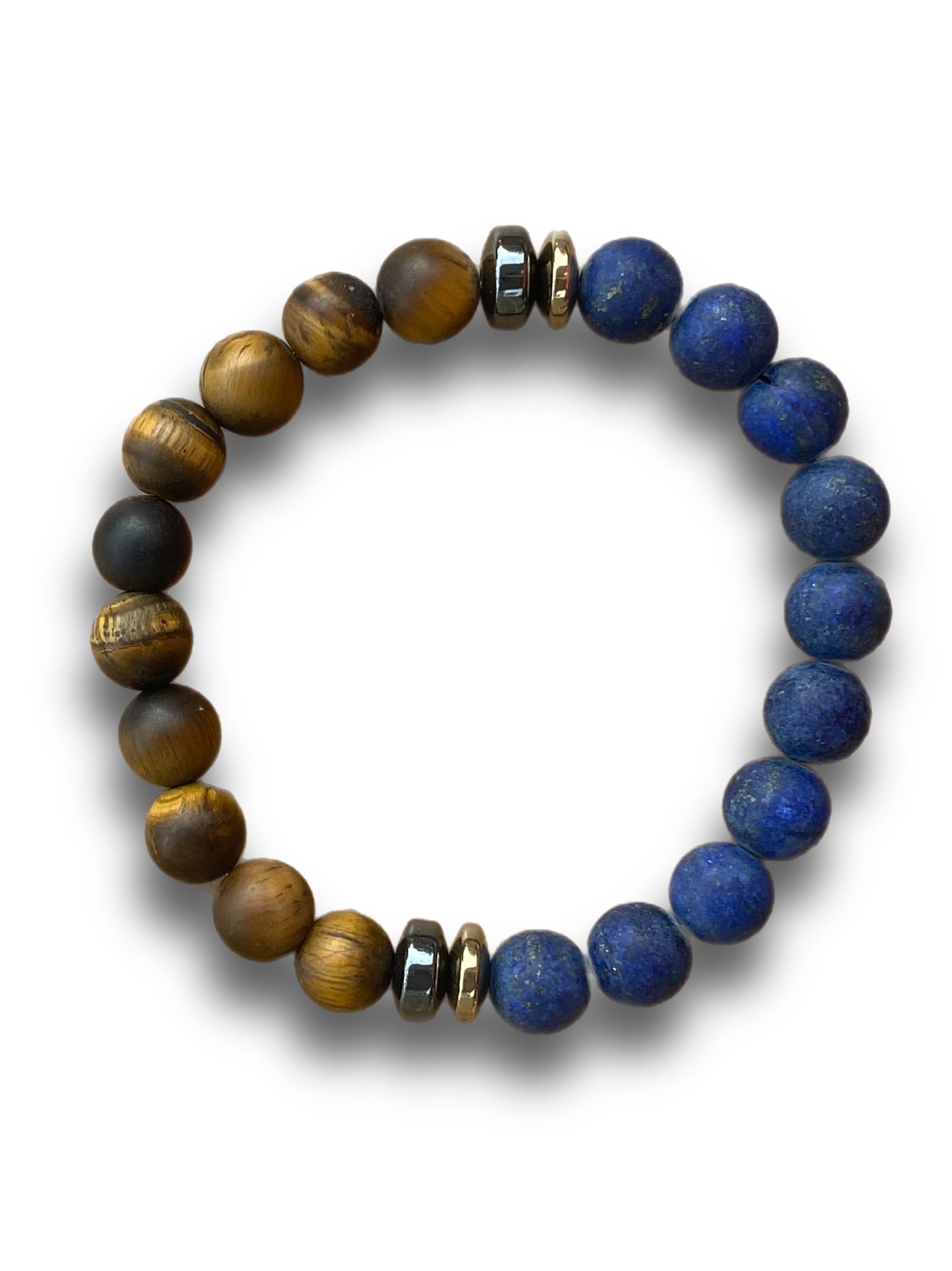 Lapis lazuli, tigers eye, hematite, and pyrite