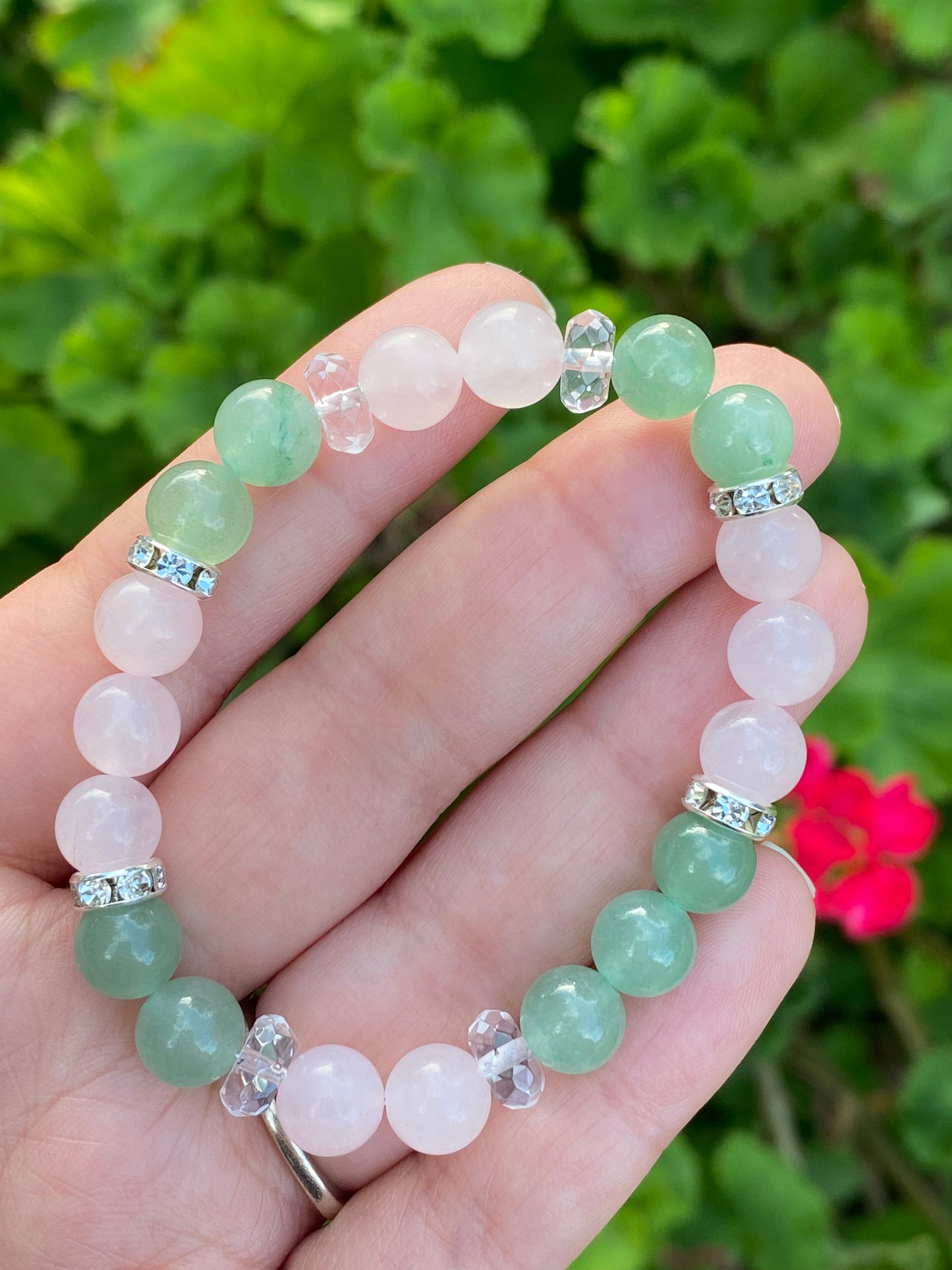 Green aventurine, rose quartz, and clear quartz