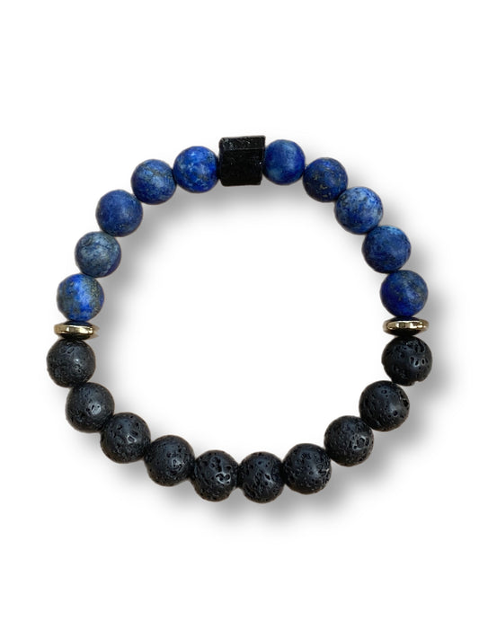 Raw black tourmaline, lapis lazuli, lava beads, and pyrite
