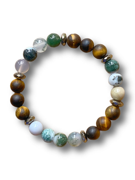 Moss agate, tigers eye, and pyrite