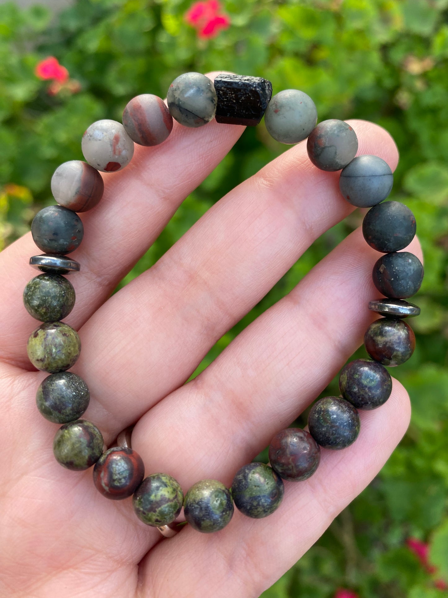 Raw black tourmaline, bloodstone, and pyrite