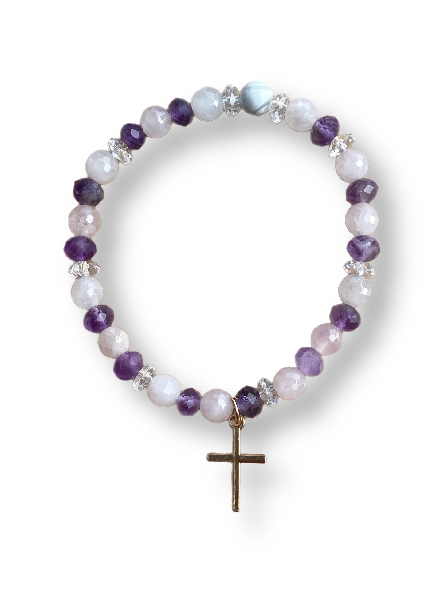 Amethyst, rose quartz, clear quartz, and howlite with cross charm