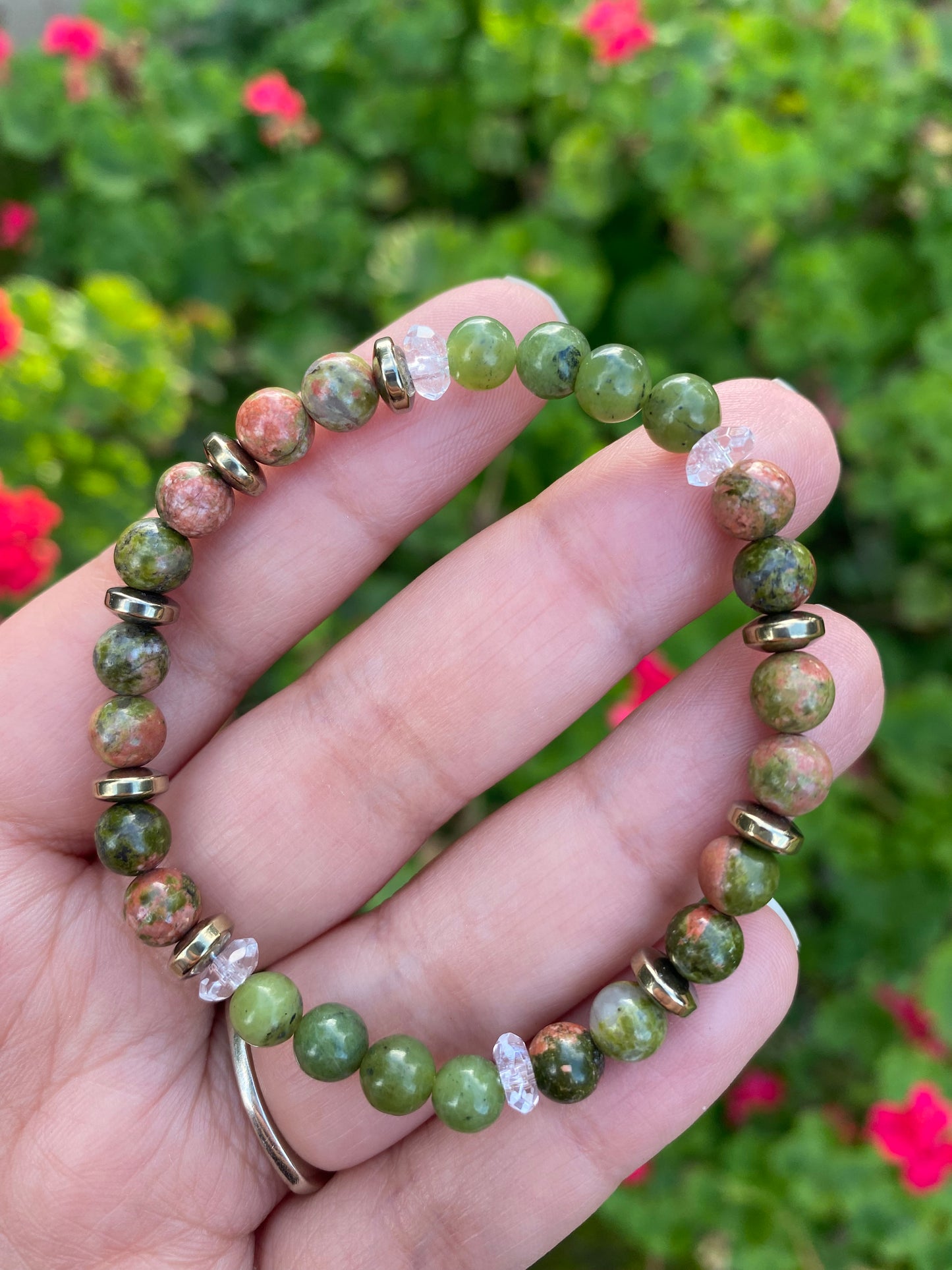 Unakite, jade, pyrite, and clear quartz